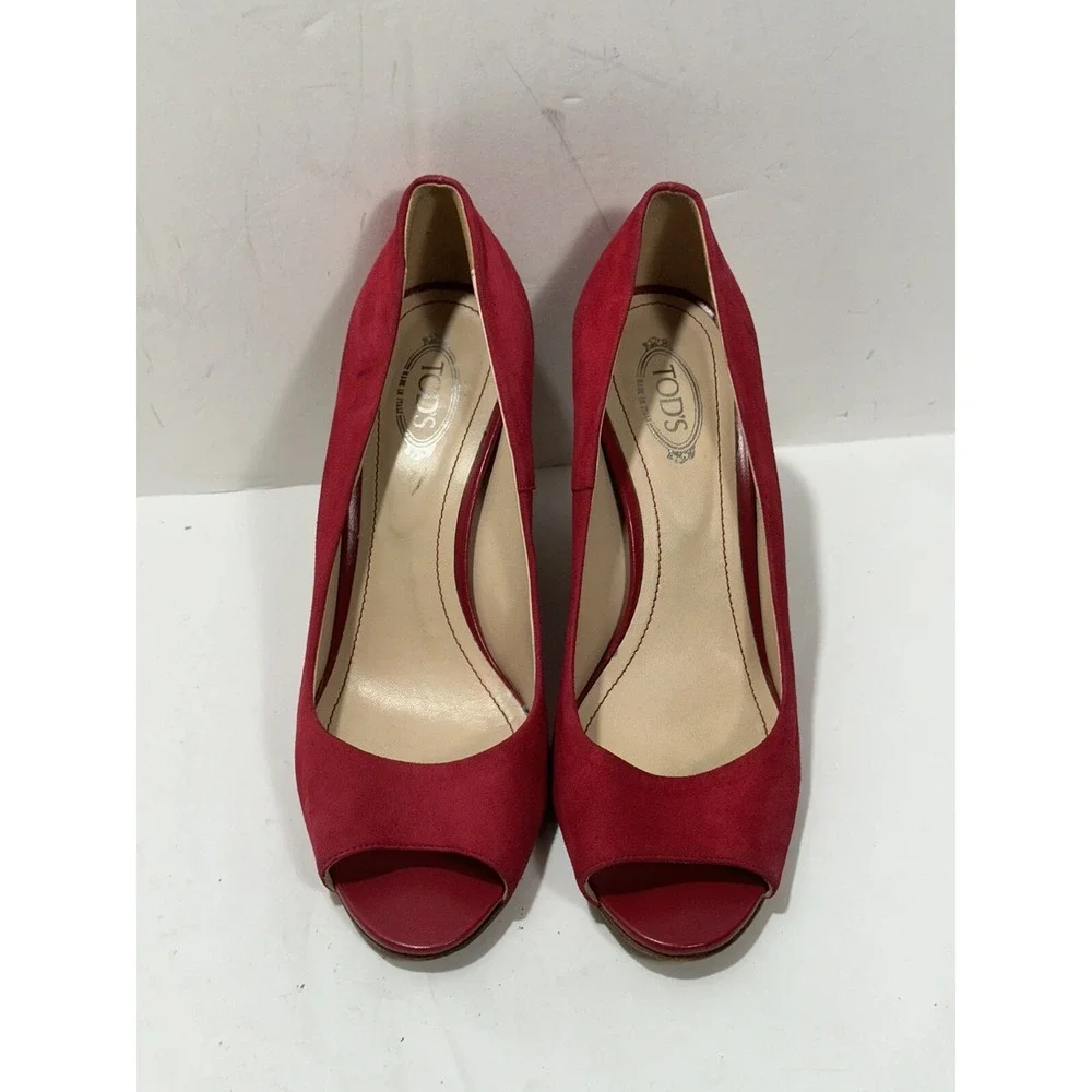 Tod's Crimson Red Suede Peep Toe Wedge Pumps Size 37 (US 7 ) Women's Shoes